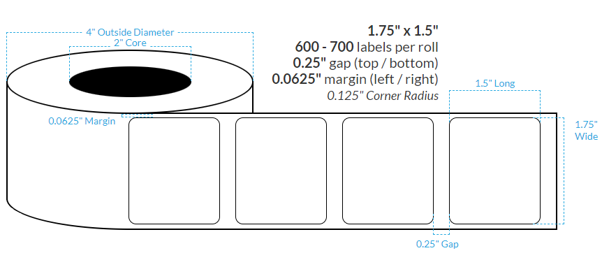 [100591-2X4-SB-125-1000000] 1.75" x 1.5" SILVER Polypropylene BOPP {ROUNDED CORNERS} Roll Labels (2"CORE/4"OD)