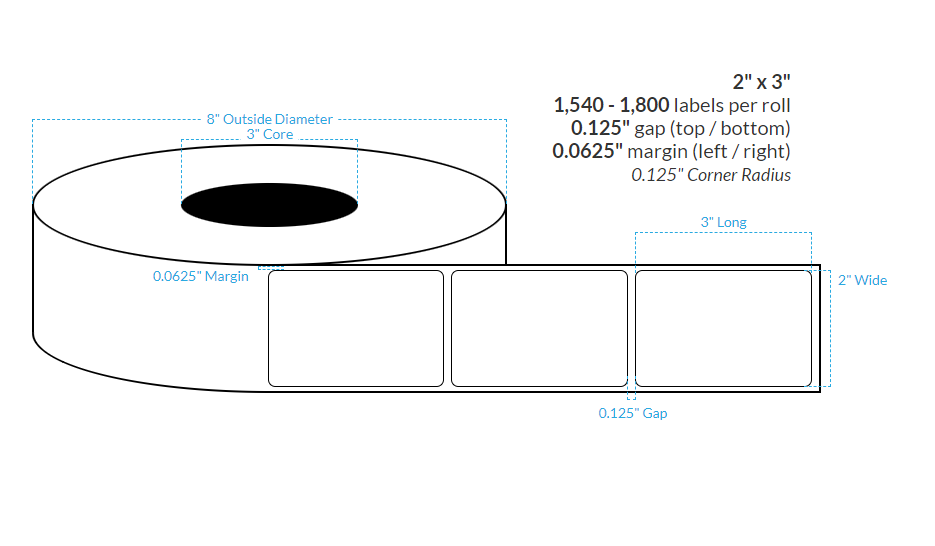 [100645-3X8-HGB-161-1000000] 2" X 3"  High Gloss White Polypropylene BOPP {Rounded Corners} Roll Labels  (3"Core/8"OD)