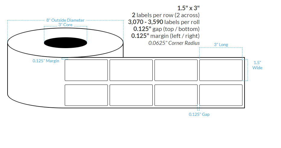 [100715-3X8-HGB-129-2000000] 1.5" X 3"  Premium High Gloss White Polypropylene BOPP {Rounded Corners} Roll Labels (3"Core/8"OD)