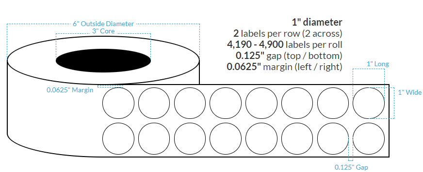 1.5" INKJET CLEAR Polypropylene  BOPP {CIRCLE} Roll 2-Across Labels w/Timing Marks (3"CORE/8"OD)