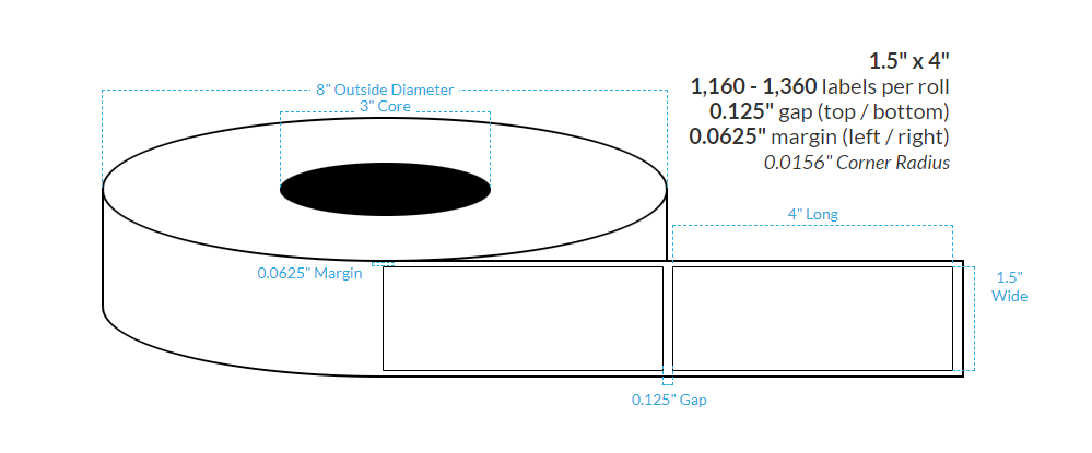 [100288-3X8-HGB-161-1000000] 1.5" X 4"  High Gloss White Polypropylene BOPP {Square Corners} Roll Labels (3"Core/8"OD)