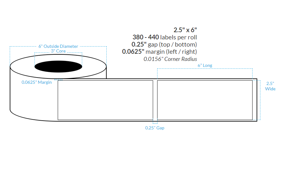 [102612-3X6-HGB-151-1000000] 2.5" X 6" High Gloss White Polypropylene  BOPP {Square Corners} Roll Labels (3"Core/6"OD)