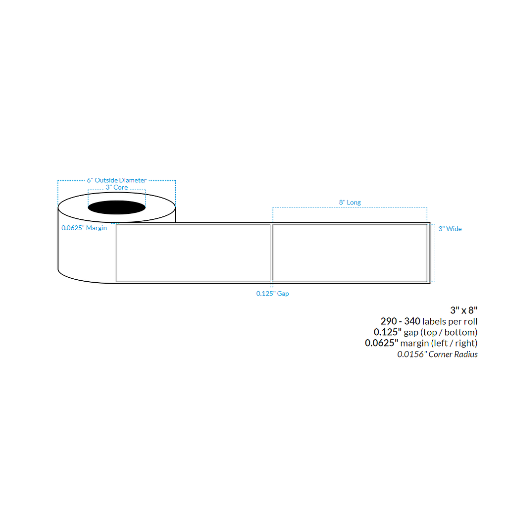 [102441-3X6-HGB-151-1000000] 3" x 8" HIGH GLOSS WHITE Polypropylene BOPP {SQUARE CORNERS} Roll Labels (3"CORE/6"OD)
