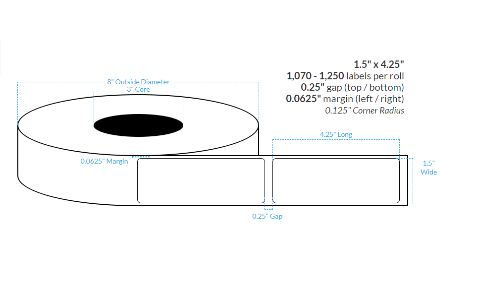 [101350-3X8-HGB-161-1000000] 1.5" X 4.25"  Premium High Gloss White Polypropylene BOPP {Rounded Corners} Roll Labels (3"Core/8"OD)