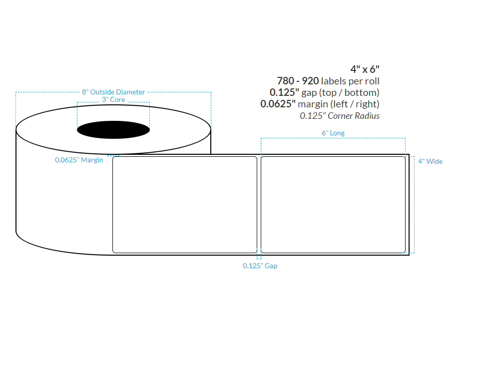 [100868-3X8-HGB-129-1000000] 4" X 6" High Gloss White Polypropylene BOPP {Rounded Corners} Roll Labels  (3"Core/8"OD)