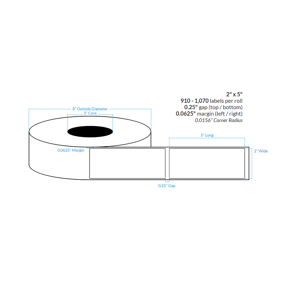 [102327-3X8-HGB-161-1000000] 2" X 5" Premium High Gloss White Polypropylene BOPP {Rectangle} Roll Labels  (3"Core/8"OD)