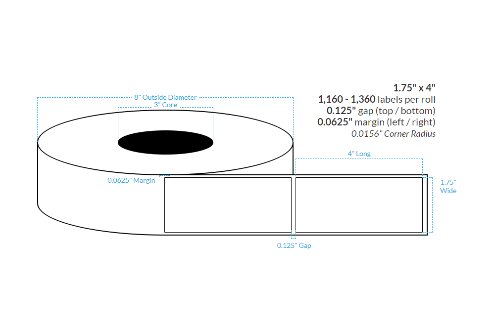 [101994-3X8-HGWP-161-1000000] 1.75" X 4" High Gloss White Paper {Square Corners} Roll Labels  (3"Core/8"OD)