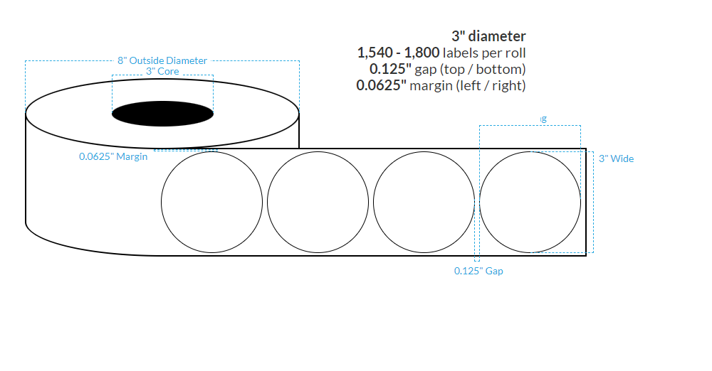 [100696-3X8-HGB-110-1110000] 3" High Gloss White Polypropylene BOPP {Circle} Roll Labels  (3"Core/8"OD)