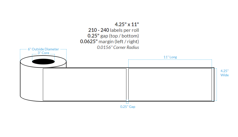 [101706-3X6-HGB-151-1000000] 4.25" X 11" PREMIUM HIGH GLOSS WHITE Polypropylene BOPP {SQUARE CORNERS} Roll Labels  (3"CORE/6"OD)