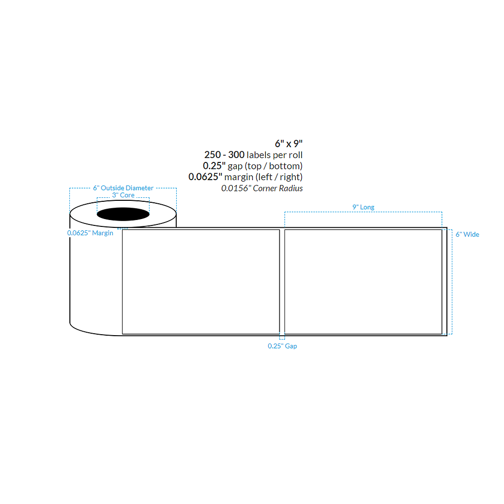 [101568-3X6-HGB-151-1000000] 6" x 9" Premium HIGH GLOSS WHITE Polypropylene BOPP {SQUARE CORNERS} Roll Labels (3"CORE/6"OD)