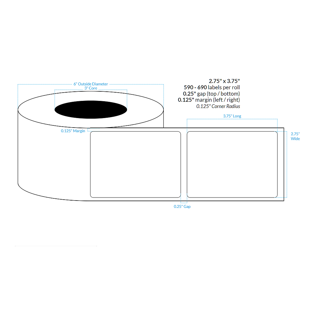 [100575-3X6-HGB-151-1000000] 2.75" X 3.75" Premium High Gloss White Polypropylene BOPP {Rounded Corners} Roll Labels (3"Core/6"OD)