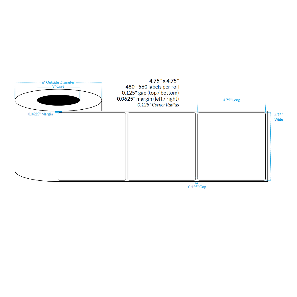[101265-3X6-HGB-151-1000000] 4.75" X 4.75" Premium High Gloss White Polypropylene BOPP {Rounded Corners} Roll Labels (3"Core/6"OD)