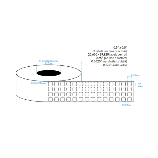 [104018-3X8-HGWP-160-4000000] 0.5" X 0.5" High Gloss White {Rounded Corners} Roll Labels  (3"Core/8"OD)