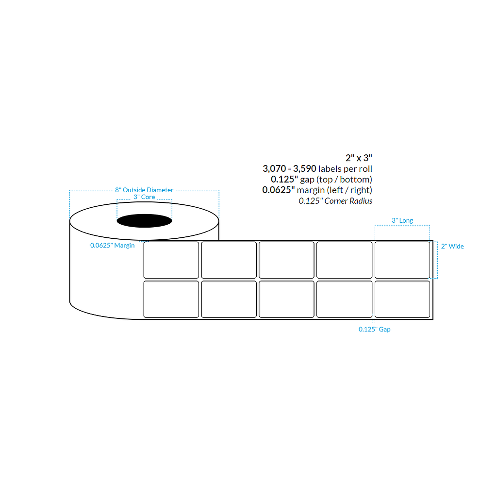 [100645-3X8-HGWP-161-2000000] 2" x 3" HIGH GLOSS WHITE {ROUNDED CORNERS} Roll Labels  (3"CORE/8"OD)