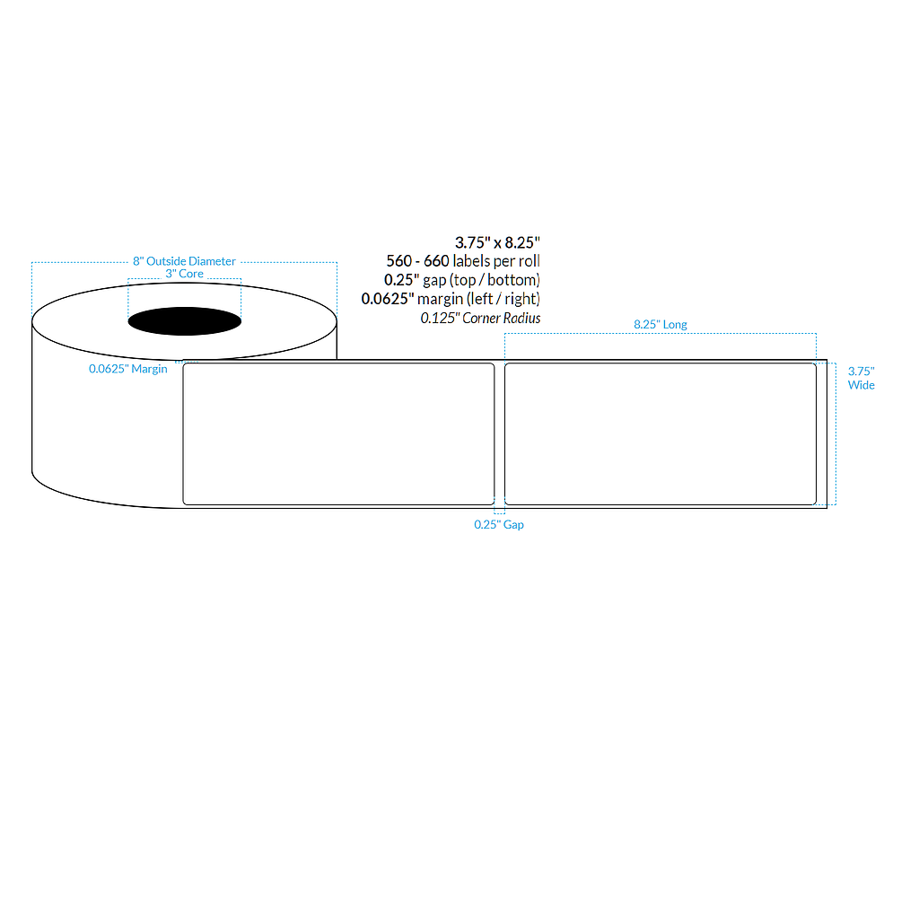 3.75" x 8.25" HIGH GLOSS WHITE Polypropylene BOPP {ROUNDED CORNERS} Roll Labels  (3"CORE/8"OD)