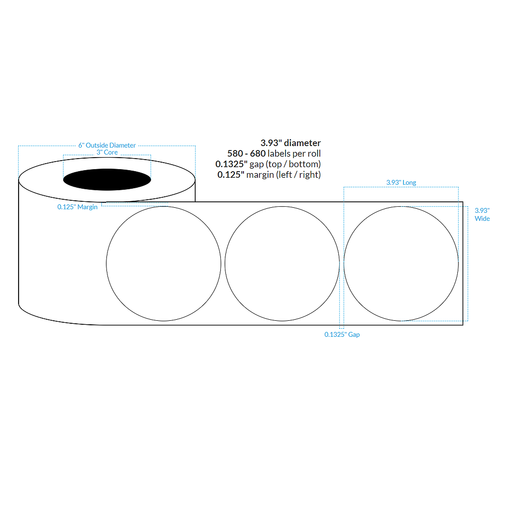 [102465-3X6-HGB-158-1100000] 3.93" High Gloss White Polypropylene BOPP {Circle} Roll Labels W/Timing Marks (3"Core/6"OD)
