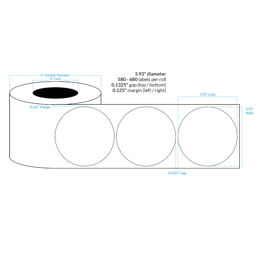 3.93" HIGH GLOSS WHITE Polypropylene BOPP {CIRCLE} Roll Labels w/Timing Marks (3"CORE/6"OD)
