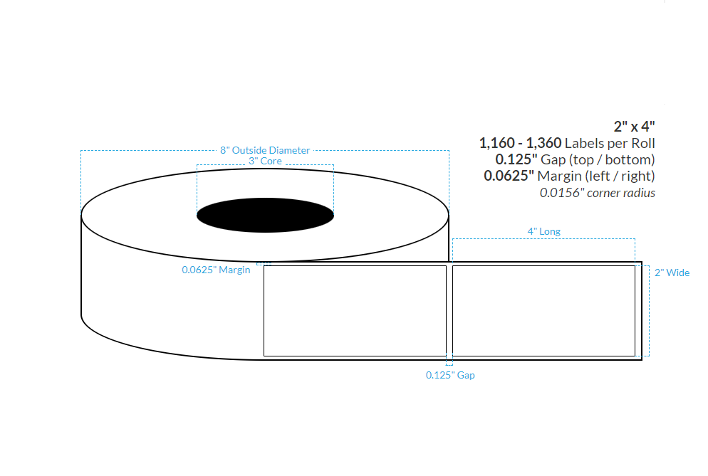 [102392-3X8-MWB-161-1000000] 2" X 4"  Matte White Polypropylene BOPP {Square} Roll Labels  (3"Core/8"OD)
