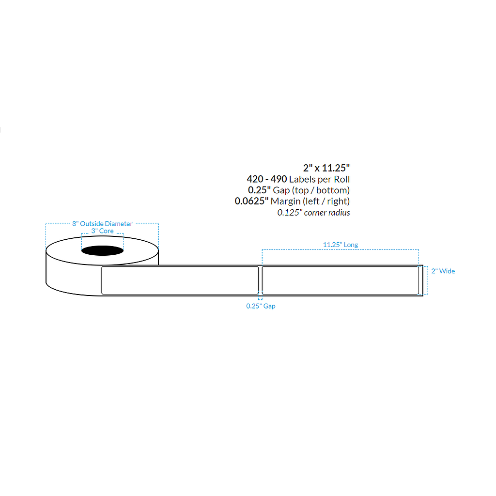 [100596-3X8-HGB-110-1000000] 2" x 11.25" HIGH GLOSS WHITE Polypropylene BOPP {ROUNDED CORNERS} Roll Labels (3"CORE/8"OD)