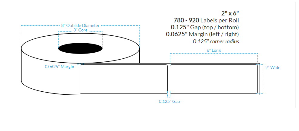 [100458-3X8-MWB-110-1000000] 2" X 6" Matte White Polypropylene  BOPP {Rounded Corners} Roll Labels (3"Core/8"OD)