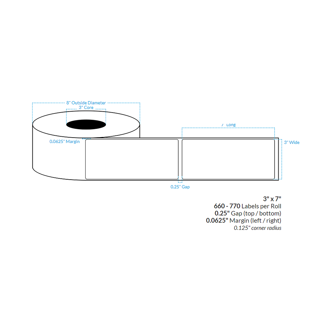 [100540-3X8-HGB-110-1000000] 3" x 7"  HIGH GLOSS WHITE Polypropylene BOPP {ROUNDED CORNERS} Roll Labels (3"CORE/8"OD)