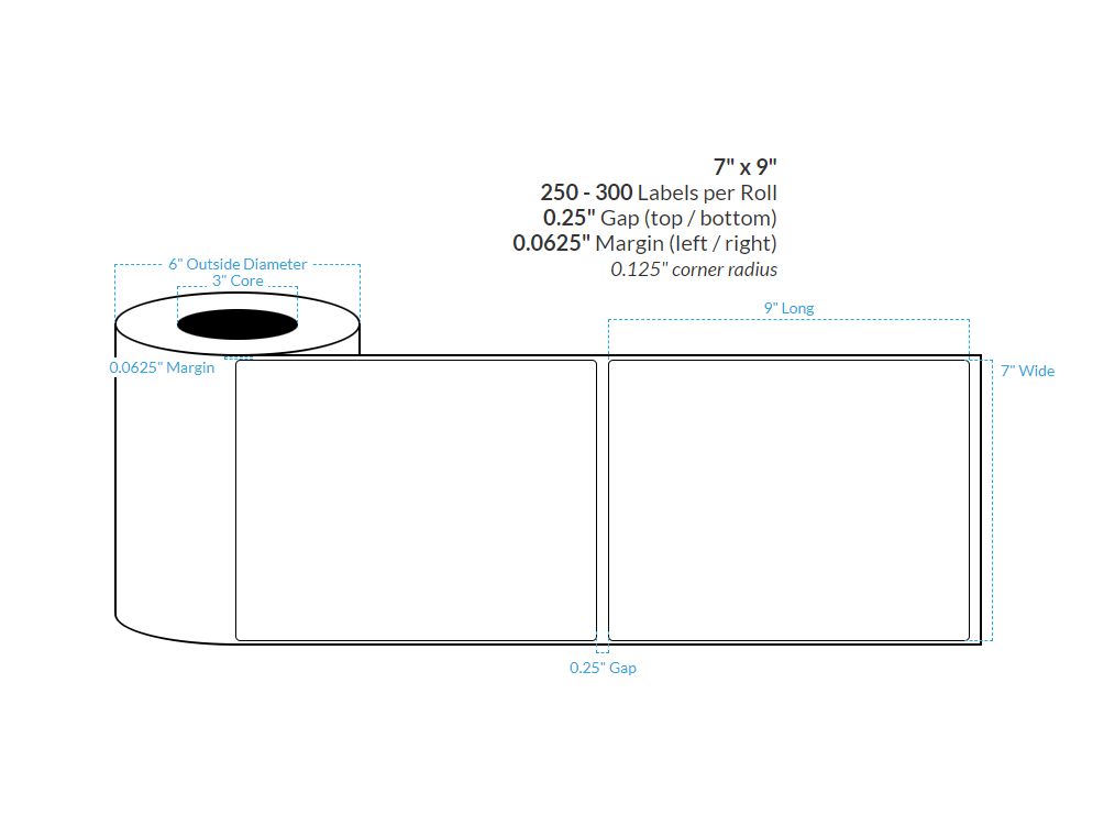[102481-3X6-MWB-151-1000000] 7" X 9" Matte White Polypropylene BOPP {Rounded Corners} Roll Labels  (3"Core/6"OD)