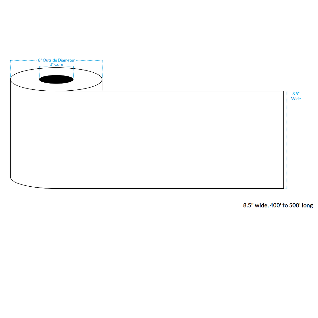 [100969-3X8-HGB-182-1000000] 8.5" X 500' High Gloss White Polypropylene BOPP {Continuous} Roll Labels  (3"Core/8"OD)