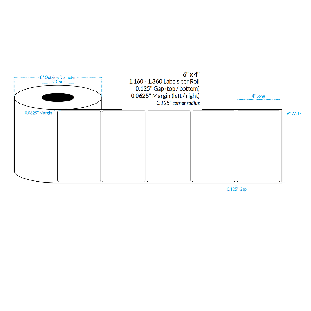 [100685-3X8-HGB-181-1000000] 6" X 4" High Gloss White Polypropylene BOPP {Rounded Corners} Roll Labels  (3"Core/8"OD)