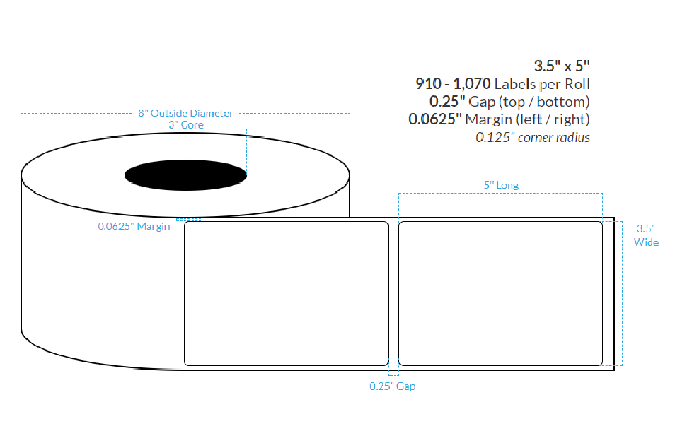 [100370-3X8-HGB-182-1000000] 3.5" X 5" High Gloss White Polypropylene (BOPP) {Rounded Corners} Roll Labels  (3"Core/8"OD)