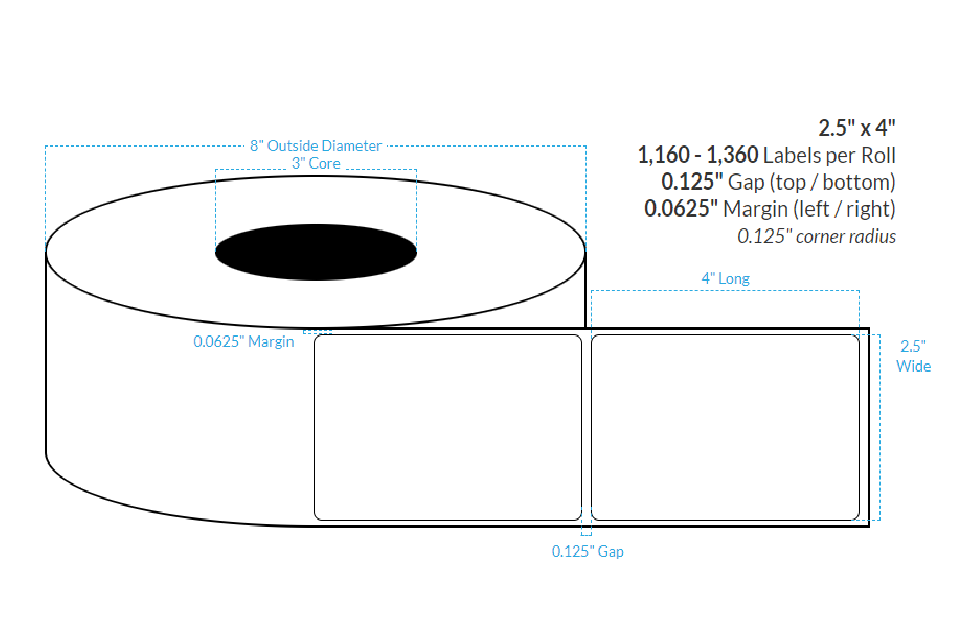 [100659-3X8-HGB-182-1000000] 2.5" X 4" High Gloss White Polypropylene  BOPP {Rounded Corners} Roll Labels (3"Core/8"OD)