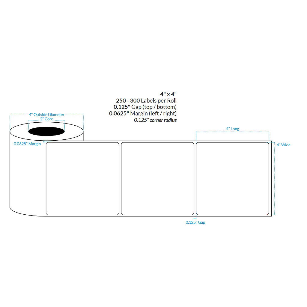 [100548-2X4-MWB-195-1000000] 4" x 4" MATTE WHITE Polypropylene BOPP {ROUNDED CORNERS} Roll Labels (2"CORE/4"OD)