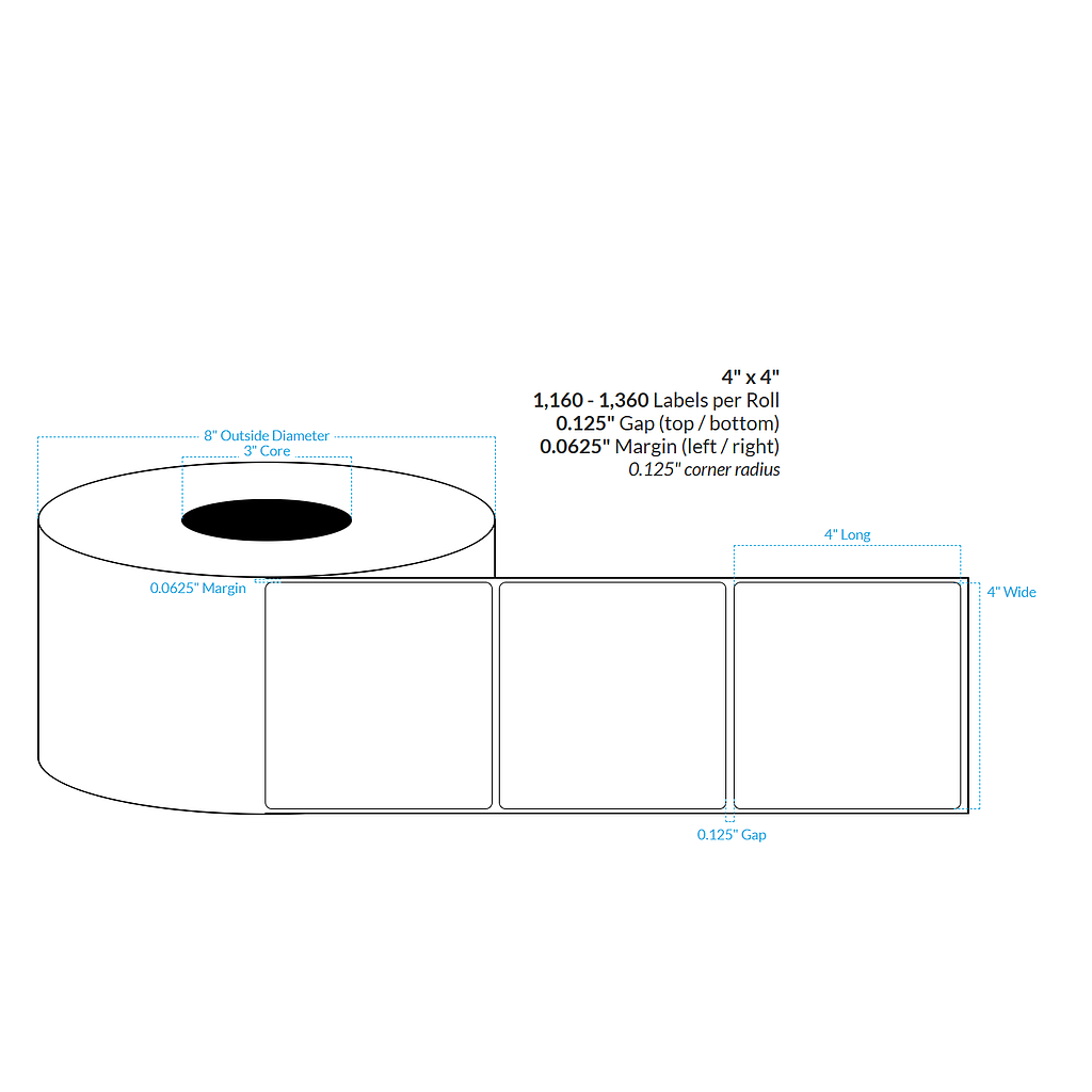 [100548-3X8-MWB-161-1000000] 4" X 4" Matte White Polypropylene BOPP {Rounded Corners} Roll Labels (3"Core/8"OD)