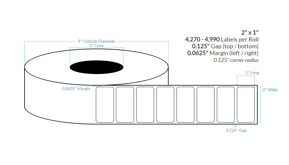 [102455-3X8-HGB-129-1000000] 2" X 1" High Gloss White Polypropylene BOPP {Square Corners} Roll Labels (3"Core/8"OD)