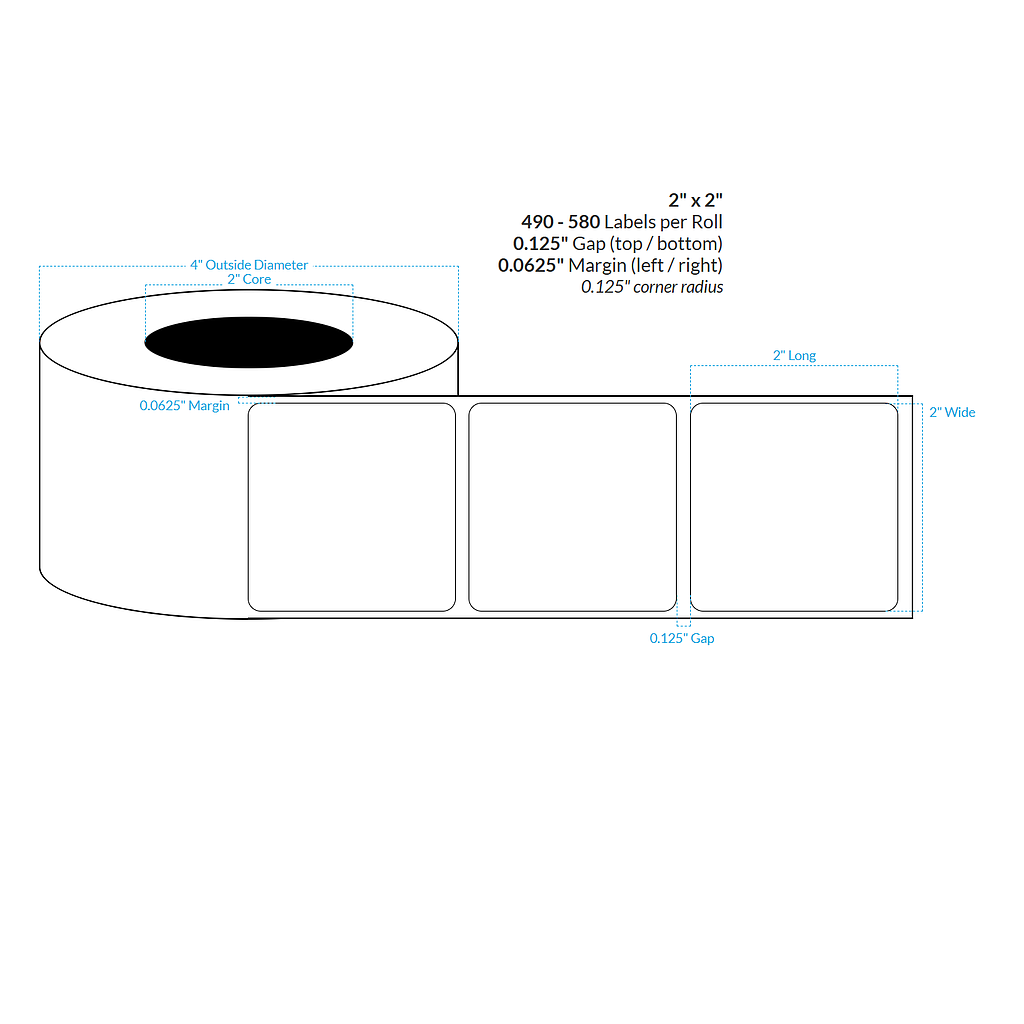 [100707-2X4-HGB-195-1000000] 2" x 2"  HIGH GLOSS WHITE Polypropylene BOPP {ROUNDED CORNERS} Roll Labels  (2"CORE/4"OD)