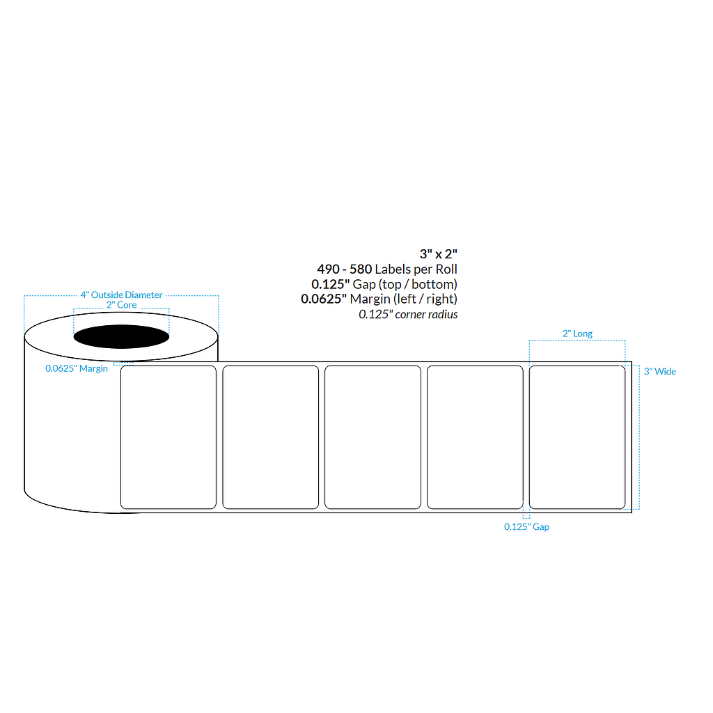 [100907-2X4-HGB-195-1000000] 3" X 2"  High Gloss White Polypropylene BOPP {Rounded Corners} Roll Labels  (2"Core/4"OD)