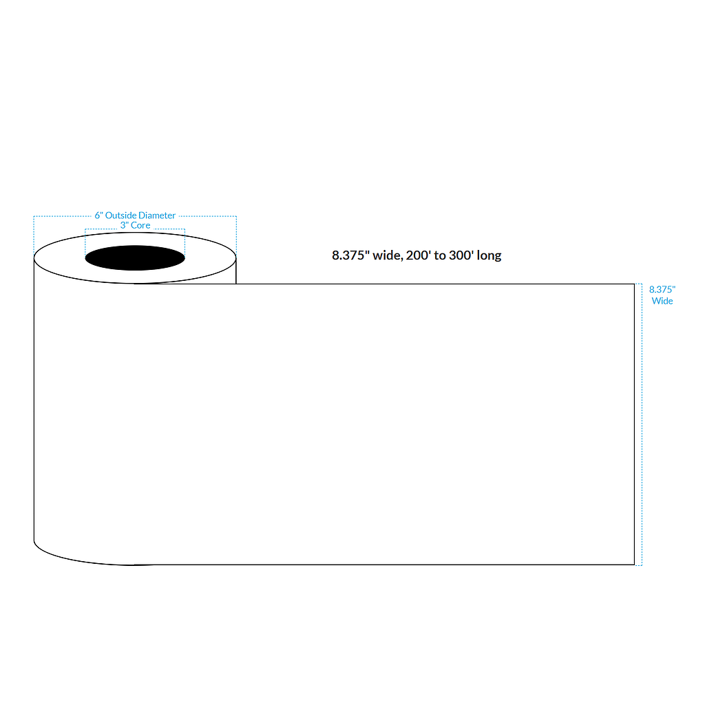 [103770-3X6-HGB-151-1010000] 8.375" X 250' High Gloss White Polypropylene BOPP {Continuous} Roll Labels  (3"Core/6"OD)