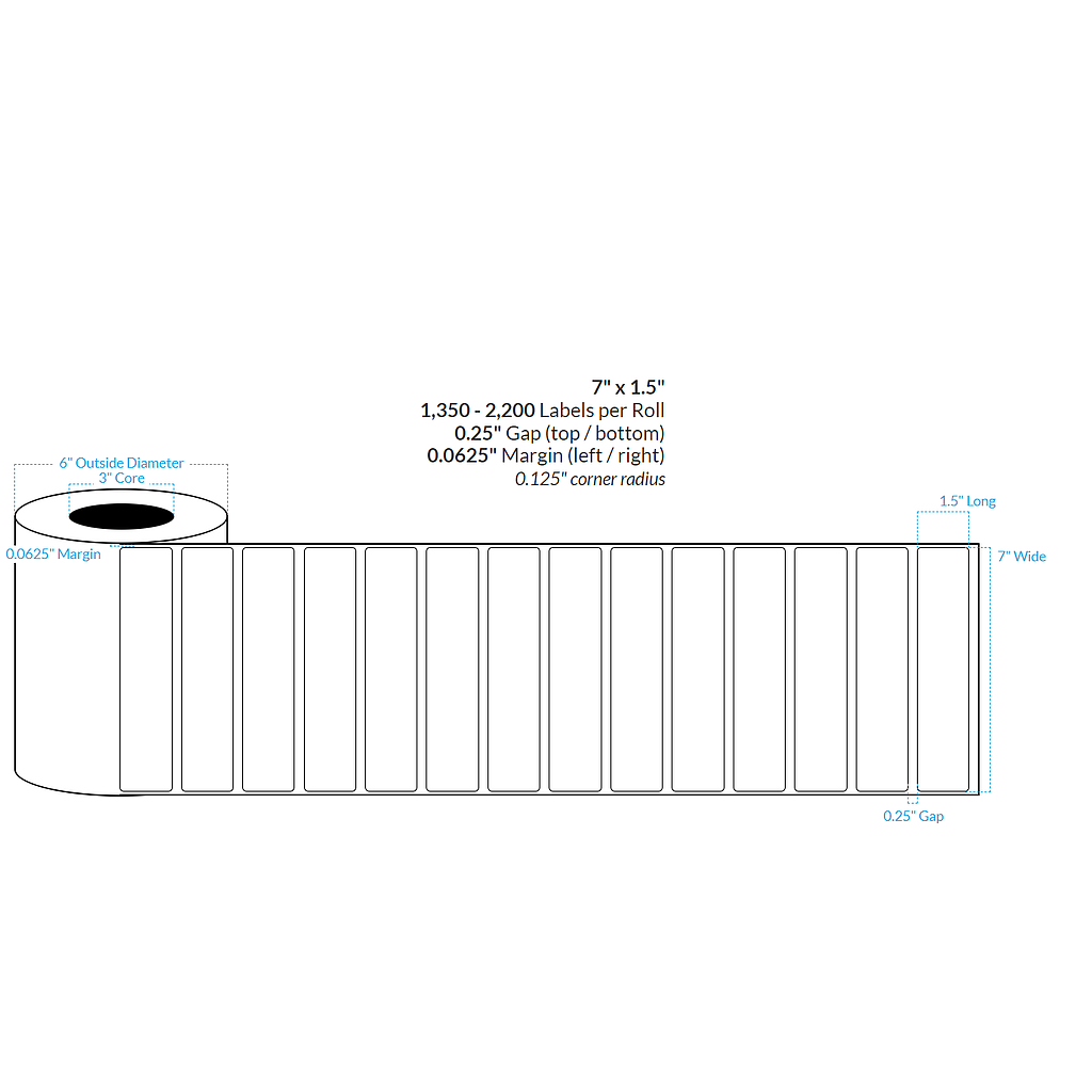 [102198-3X6-HGB-113-1000000] 7" X 1.5" High Gloss White Polypropylene BOPP {Rounded Corners} Roll Labels  (3"Core/6"OD)