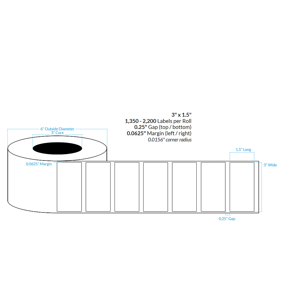 3" x 1.5" HIGH GLOSS WHITE Polypropylene BOPP {SQUARE CORNERS} Roll Labels  (3"CORE/6"OD)