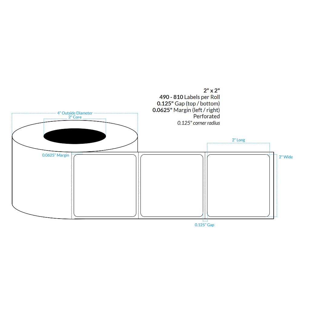 2" X 2"  Matte White Paper {Rounded Corners} Perforated Roll Labels  (2"Core/4"OD)