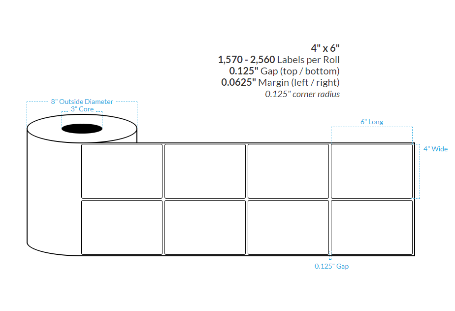[100868-3X8-HGB-138-2000000] 4" X 6" High Gloss White Polypropylene (BOPP){Rounded Corners} Roll Labels 2-ACROSS (3"Core/8"OD)