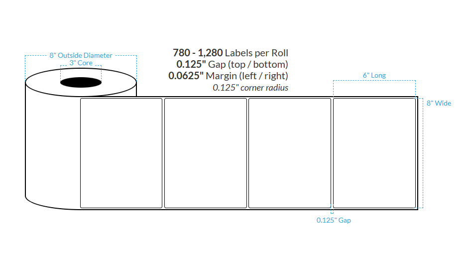 [100755-3X8-HGB-184-1000000] 8" X 6" High Gloss White Polypropylene BOPP {Rounded Corners} Roll Labels (3"Core/6"OD)