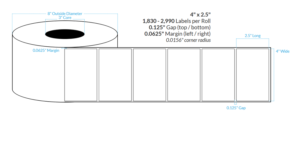 [102687-3X8-G11-182-1000000] 4" x 2.5" MATTE WHITE PAPER {SQUARE CORNERS} Roll Labels (3"CORE/8"OD)