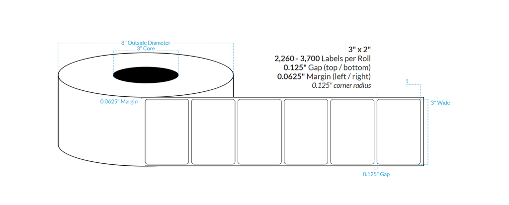 [100907-3X8-HGB-161-1000000] 3" x 2" High Gloss White Polypropylene BOPP {Rounded Corners}  Roll Labels (3" Core/8" OD)