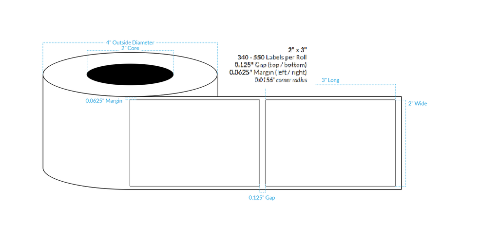 [101335-2X4-HGB-195-1000000] 2" X 3" High Gloss White Polypropylene BOPP {Sqaure Coprners} Roll Labels (2"Core/4"OD)