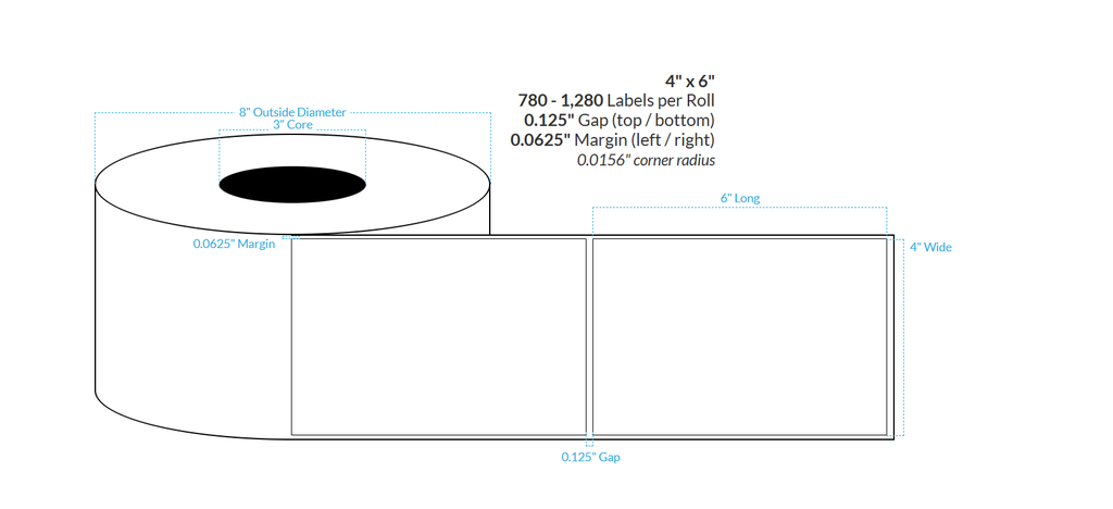 [102473-3X8-HGWP-129-1000000] 4" X 6" High Gloss White Paper {Square Corners} Roll Labels  (3"Core/8"OD)