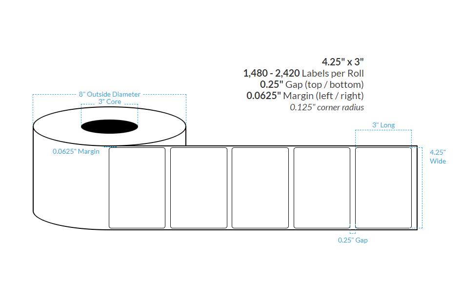 [103955-3X8-MWB-138-1000000] 4.25" X 3" Matte White Polypropylene BOPP {Rounded Corners} Roll Labels (3"Core/8"OD)