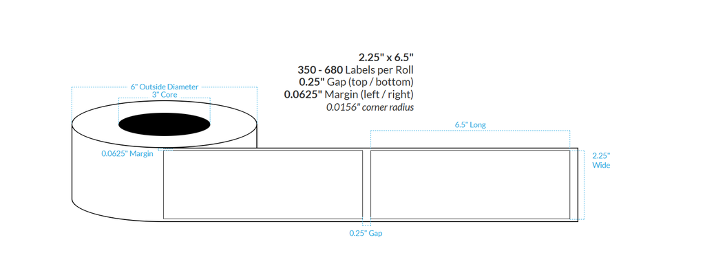 [104116-3X6-HGB-113-1000000] 2.25" X 6.5" High Gloss White Polypropylene  BOPP {Square Corners} Roll Labels (3"Core/6"OD)