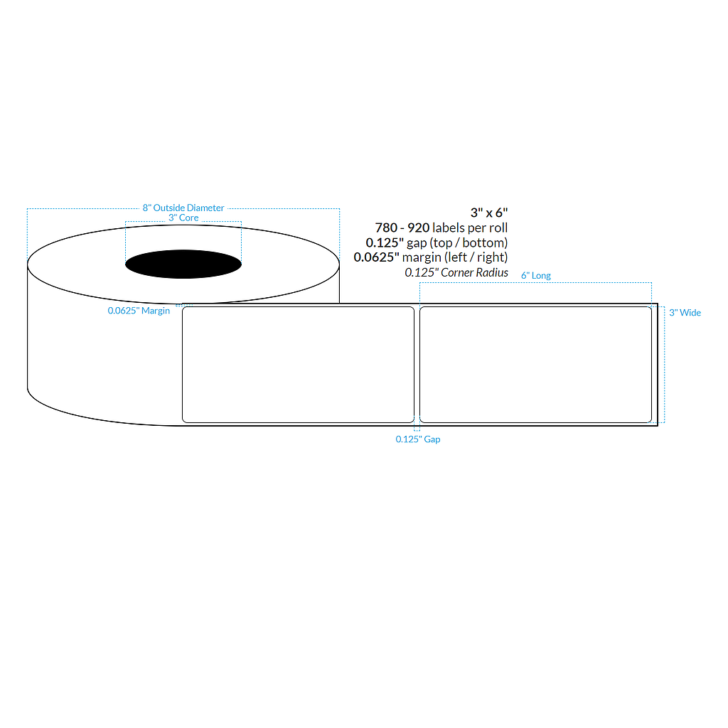[102268-3X8-MWBET-138-1000000] 3" X 6" Matte White Polypropylene BOPP Extreme Tack {Square Corners} Roll Labels  (3"Core/8"OD)