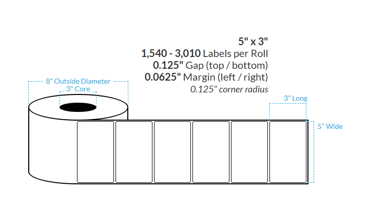 [100810-3X8-MWB-182-1000000] 5" x 3" MATTE Polypropylene BOPP {ROUNDED CORNERS} Roll Labels (3"CORE/8"OD)