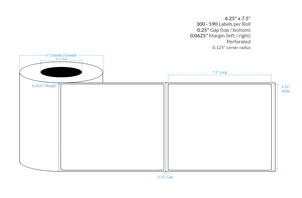 [103520-3X6-HGWP-120-1000000] 6.25" X 7.5" HIGH GLOSS WHITE PAPER {ROUND CORNERS} Roll Labels (3"CORE/6"OD) (PERFORATED)